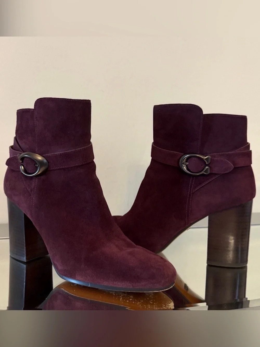 COACH Delaney Burgundy Suede Signature Buckle Ankle Booties Block Heel Size 9